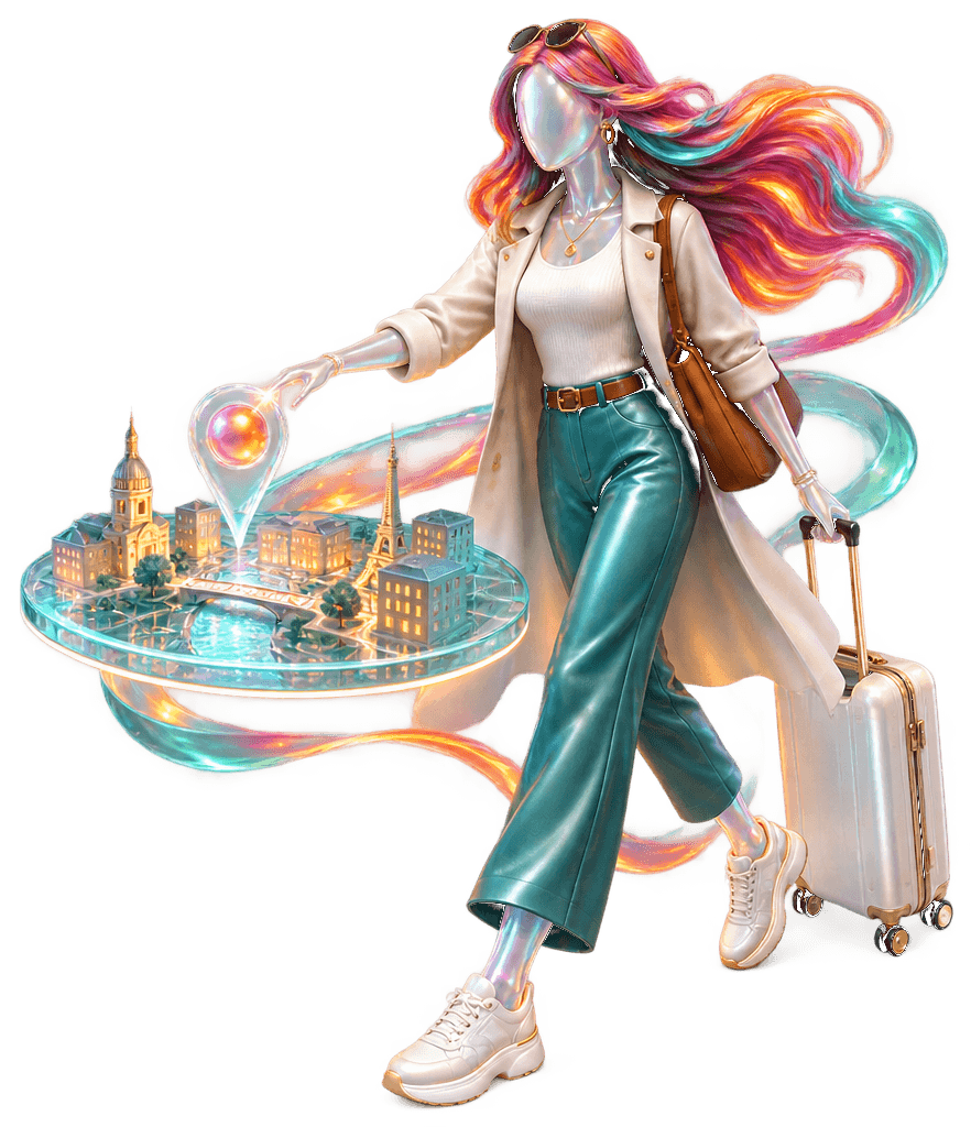 Traveler choosing a city on a holographic map