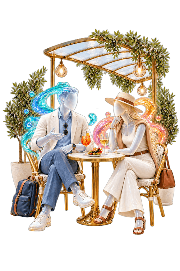 Two travelers meeting at a cafe table