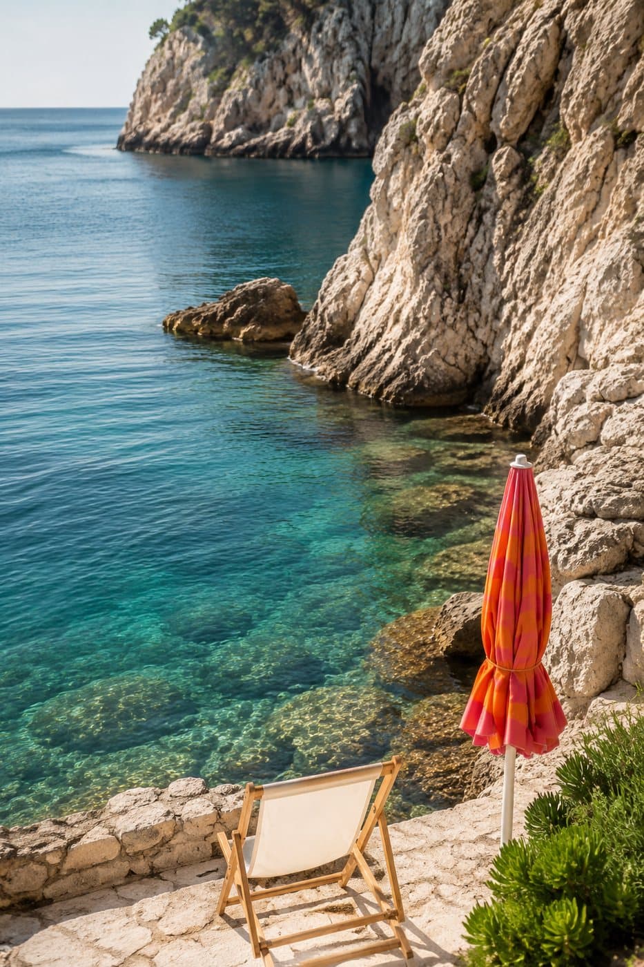 Coastal beach with a red umbrella